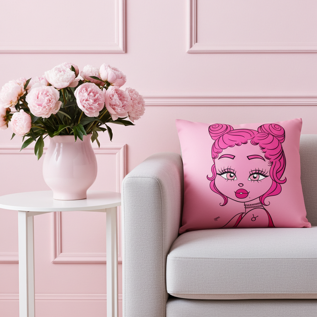 Pink pillow with a Taurus character on a gray sofa against a pink wall with a vase of pink flowers.