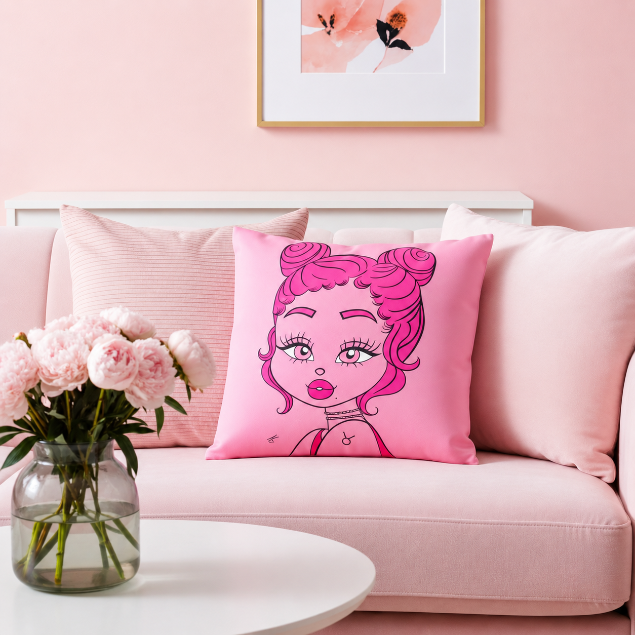 Pink pillow with Taurus character on a pink couch with a vase of flowers and framed art in the background.