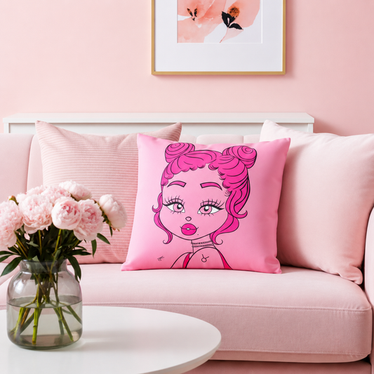 Pink pillow with Taurus character on a pink couch with a vase of flowers and framed art in the background.