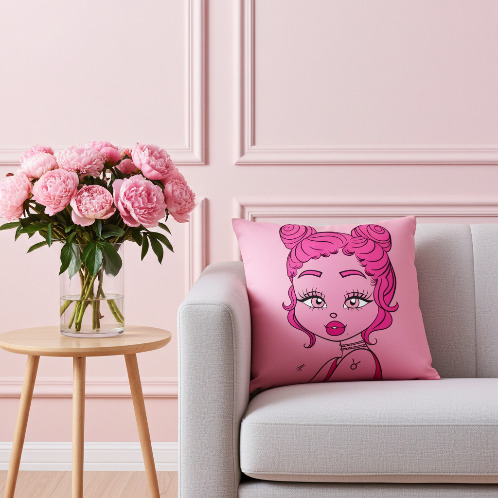 Pink pillow with Taurus character on a pink couch with a vase of flowers.