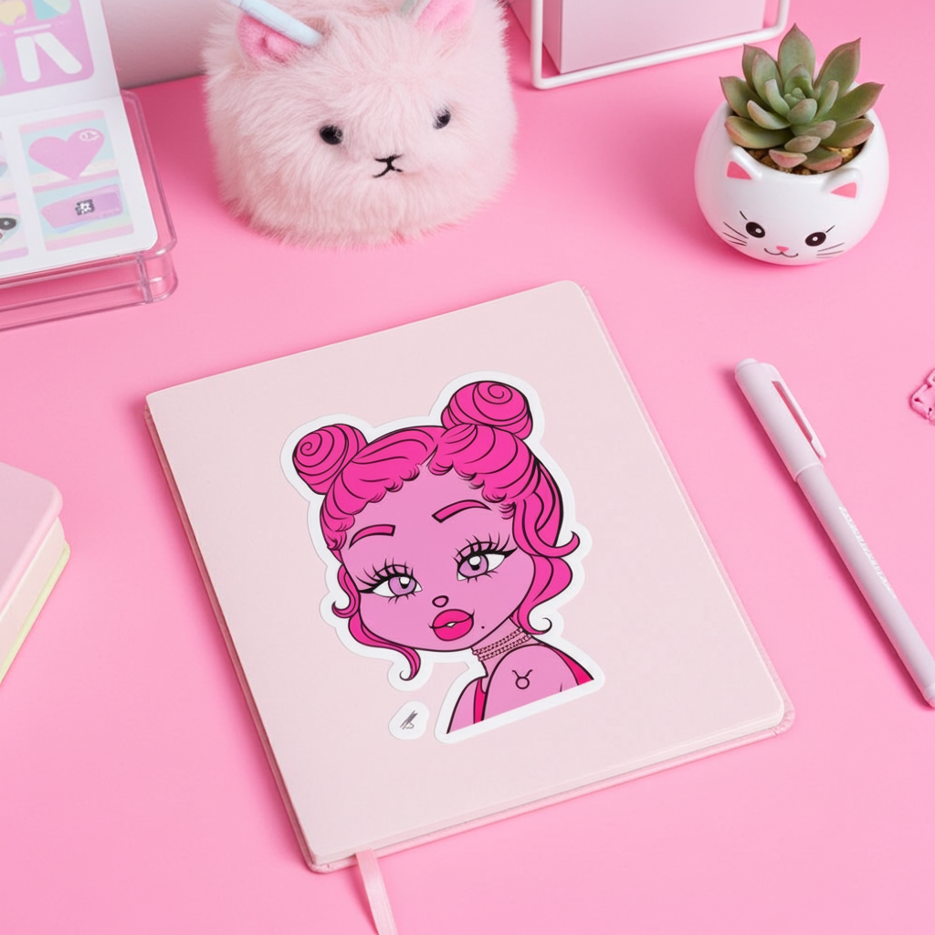 Pink notebook with a Taurus character sticker on a pink surface with a plush toy and plant.
