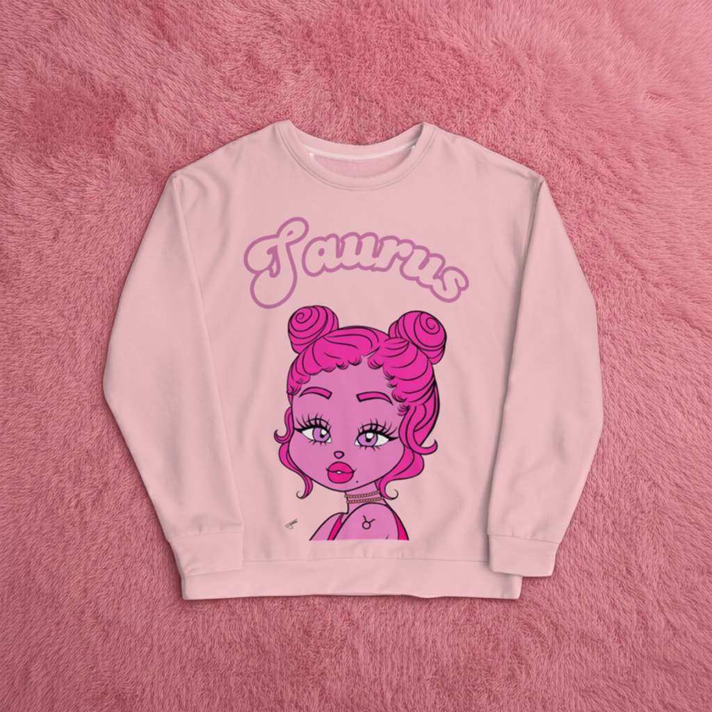 Pink sweatshirt with a Taurus character and 'Taurus' text on a pink background