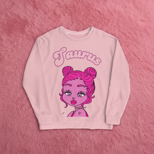 Pink sweatshirt with a Taurus character and 'Taurus' text on a pink background