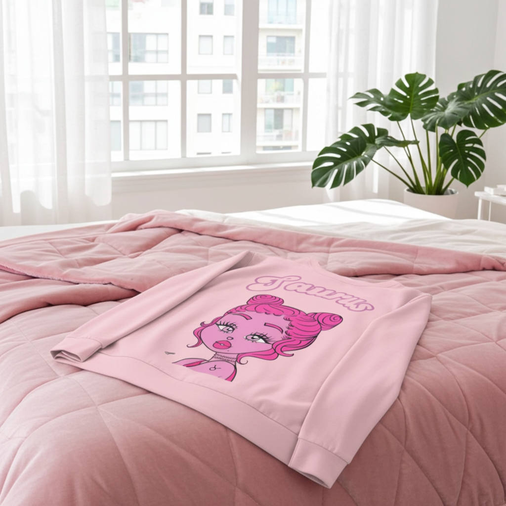 Pink sweatshirt with Taurus character on a bed in a bright room with plants