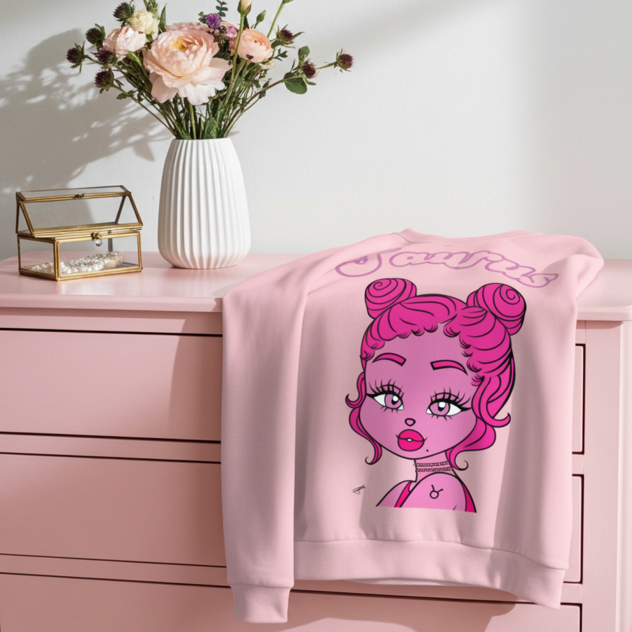Pink sweatshirt with cartoon character on a pink dresser with flowers in the background