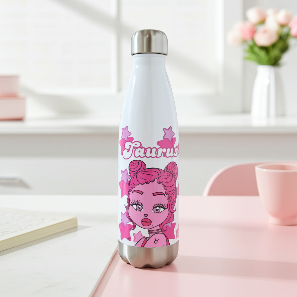 White water bottle with pink character design and 'Taurus' text on a light background