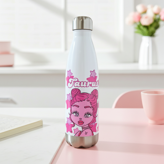 White water bottle with pink character design and 'Taurus' text on a light background