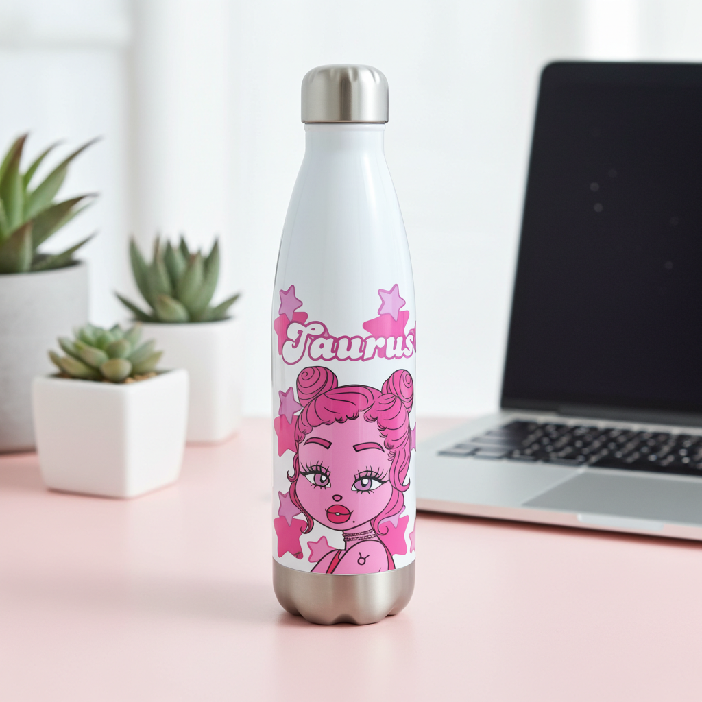 Stainless steel water bottle with pink design and 'Taurus' text on a desk with a laptop and plants.