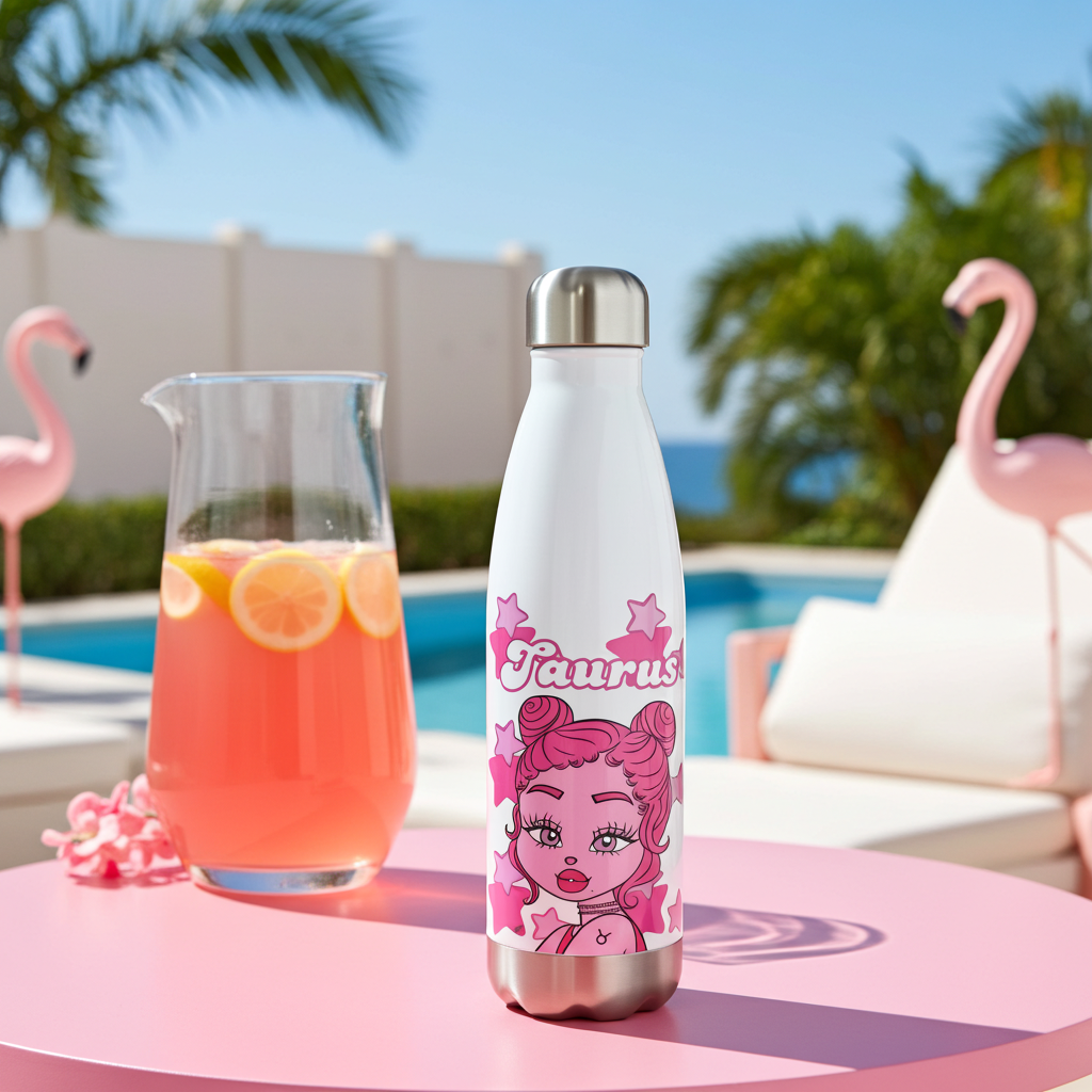Pink water bottle with 'Taurus' design next to a pitcher of lemonade by a poolside.