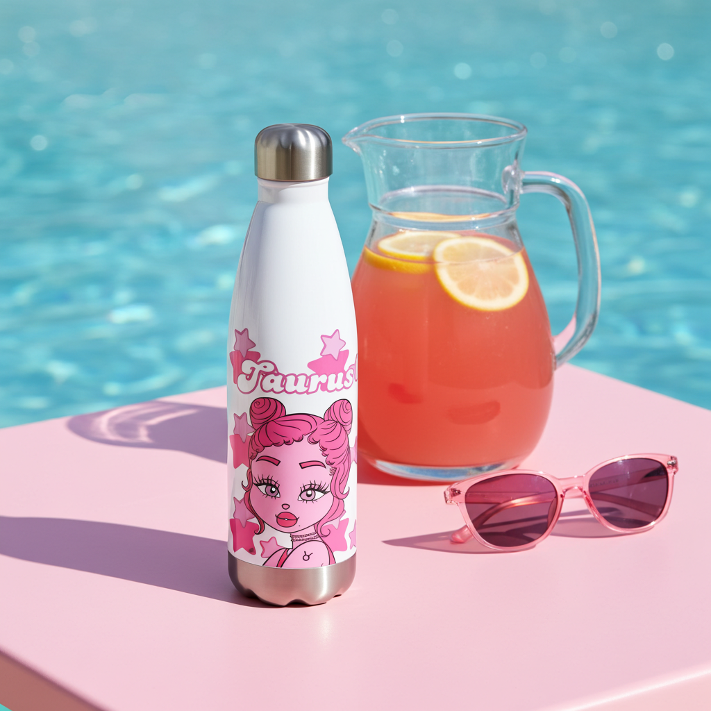 White water bottle with pink taurus design, pitcher of lemonade, and sunglasses on a poolside table.