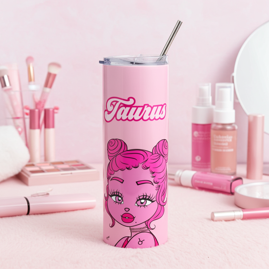 Pink tumbler with Taurus character and design surrounded by makeup products on a pink background