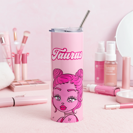Pink tumbler with Taurus character and design surrounded by makeup products on a pink background