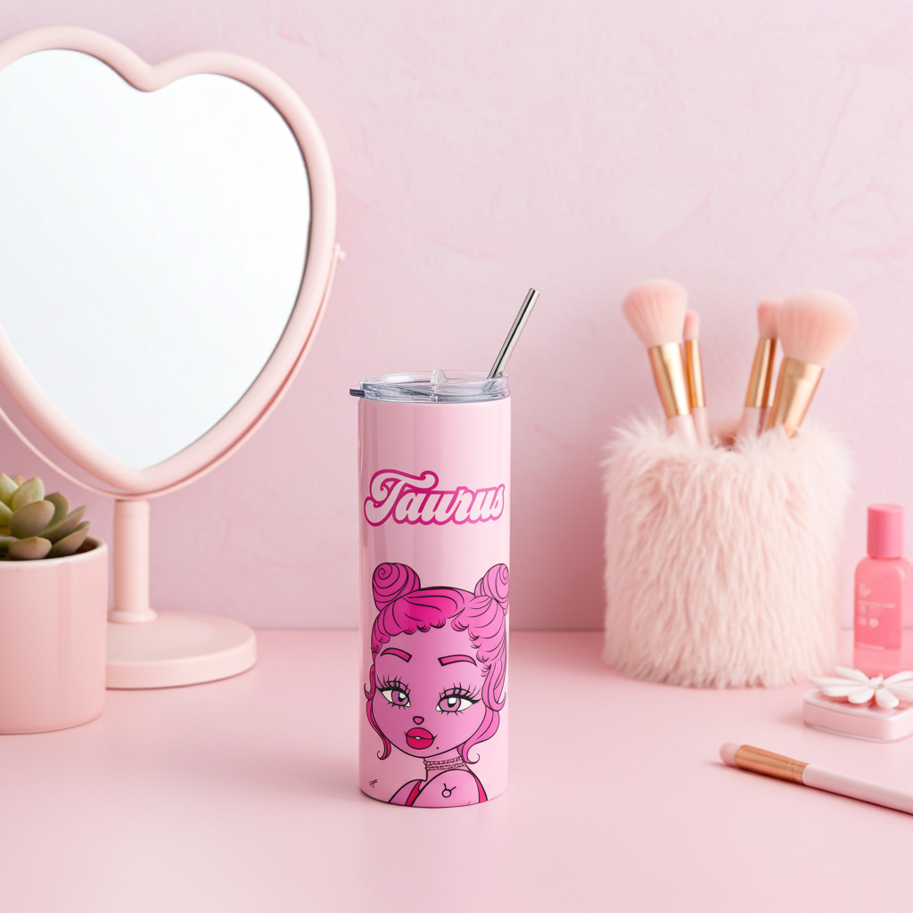 Pink tumbler with a Taurus character design and 'Taurus' text on a pink background with makeup brushes and a mirror.
