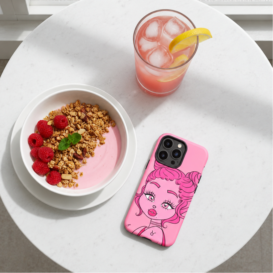 Pink phone case with a Taurus character on a white table with a bowl of yogurt and granola, and a glass of pink lemonade.
