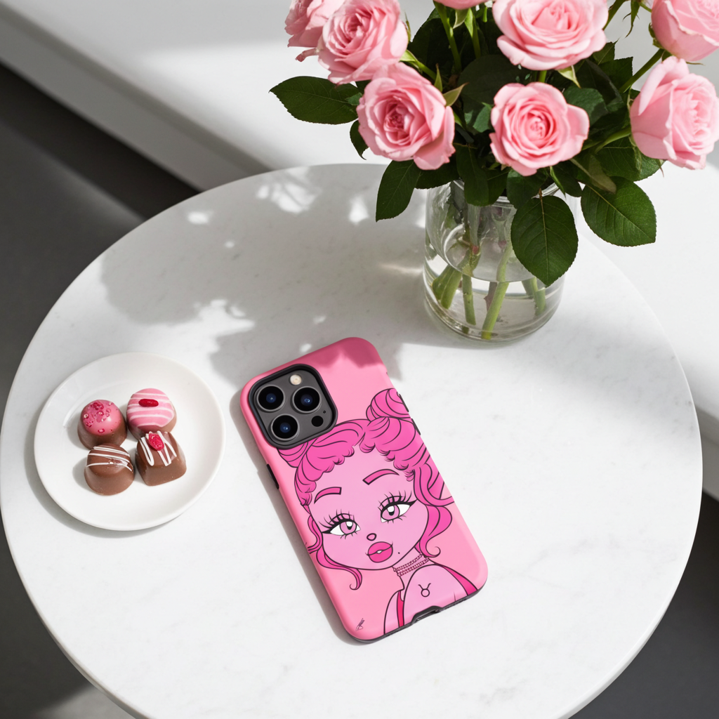 iPhone case with a pink Taurus character design on a white table with flowers and chocolates