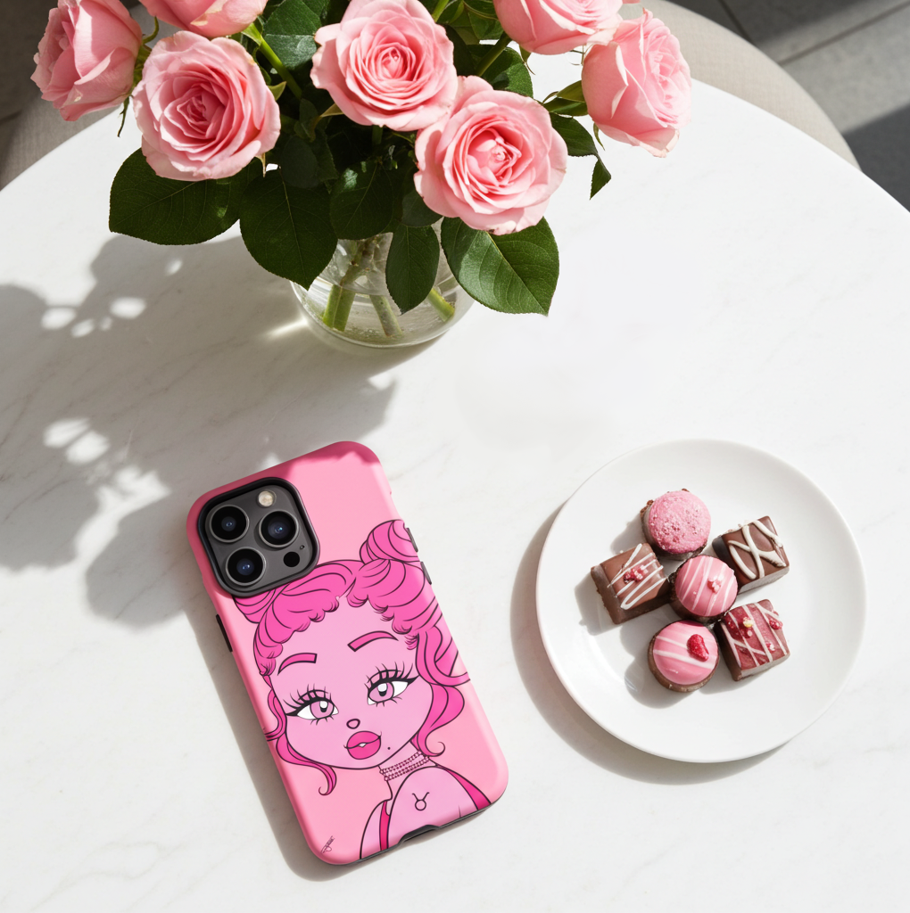 Pink phone case with a Taurus design on a white surface with pink roses and chocolates.