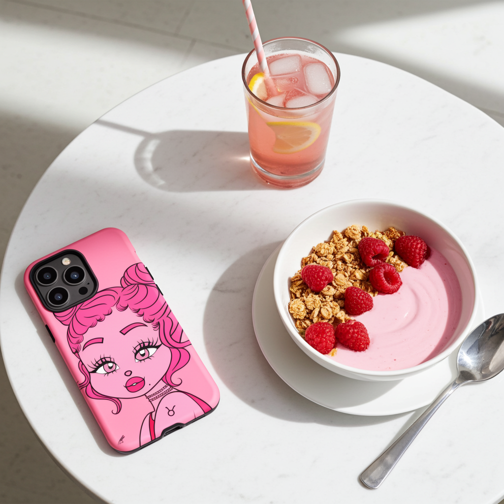 Pink phone case with  a Taurus character, bowl of yogurt with granola and raspberries, glass of pink lemonade on a white table.