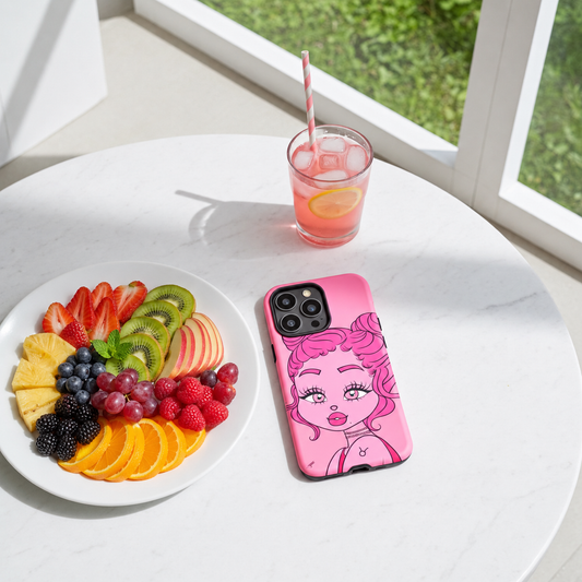 Pink phone case with a Taurus character design on a table with fruit plate and drink