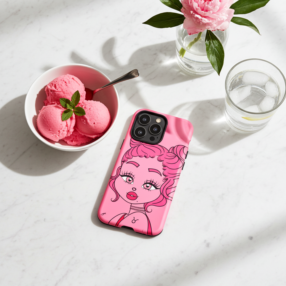 A pink phone case with a cartoon girl illustration lies on a white marble surface next to a bowl of pink ice cream, a glass of water, and a pink flower in a vase.