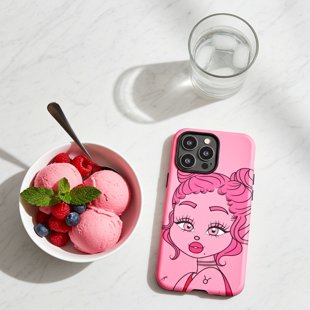 A pink phone case with a cartoon illustration of a woman with pink hair is displayed on a white marble surface next to a bowl of pink ice cream and a glass of water.