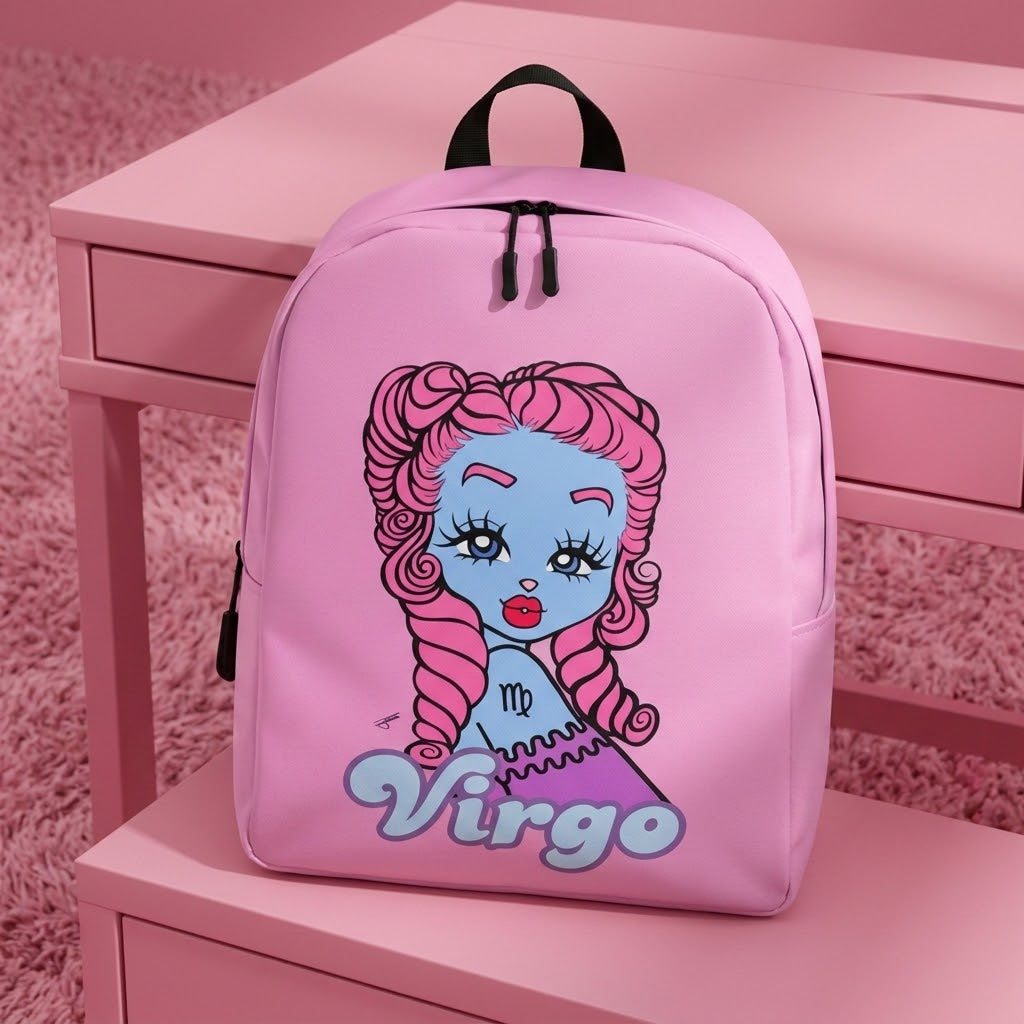 A pink backpack with a cartoon Virgo zodiac sign graphic, displayed on a pink table.