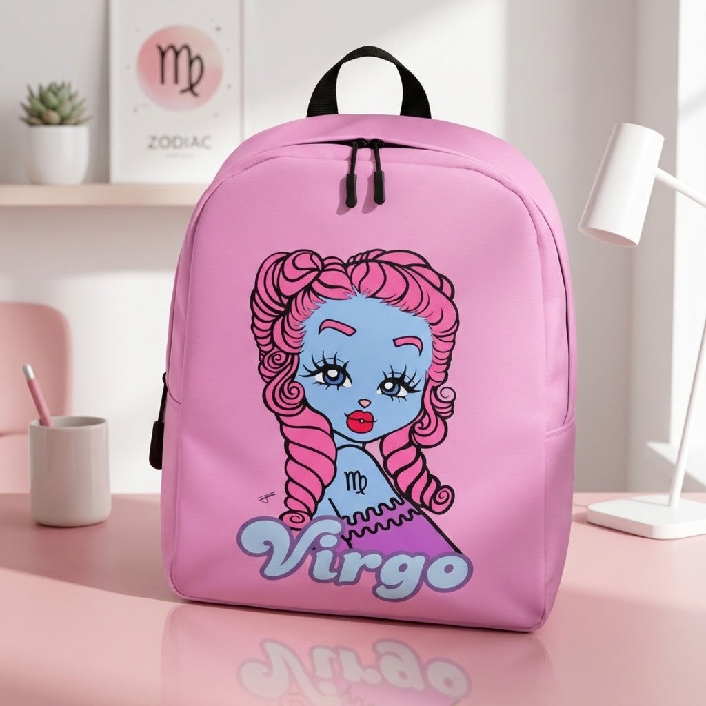 A pink backpack with a cartoon Virgo zodiac character design and the word 'Virgo' printed on the front, displayed on a pink desk in a bright room.