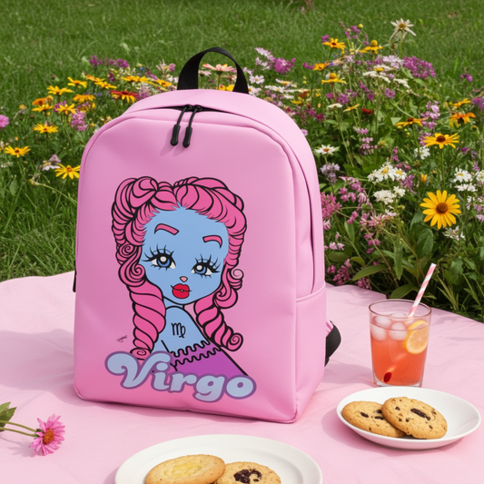 A pink backpack with a cartoon Virgo character graphic and the word 'Virgo' printed on the front, set on a pink blanket outdoors with flowers, cookies, and a drink in the background.