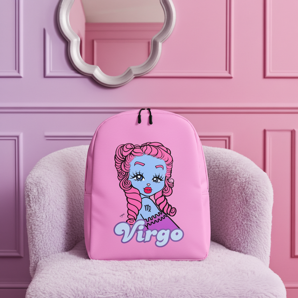 Pink backpack with 'Virgo' design on a pink chair against a pink wall.