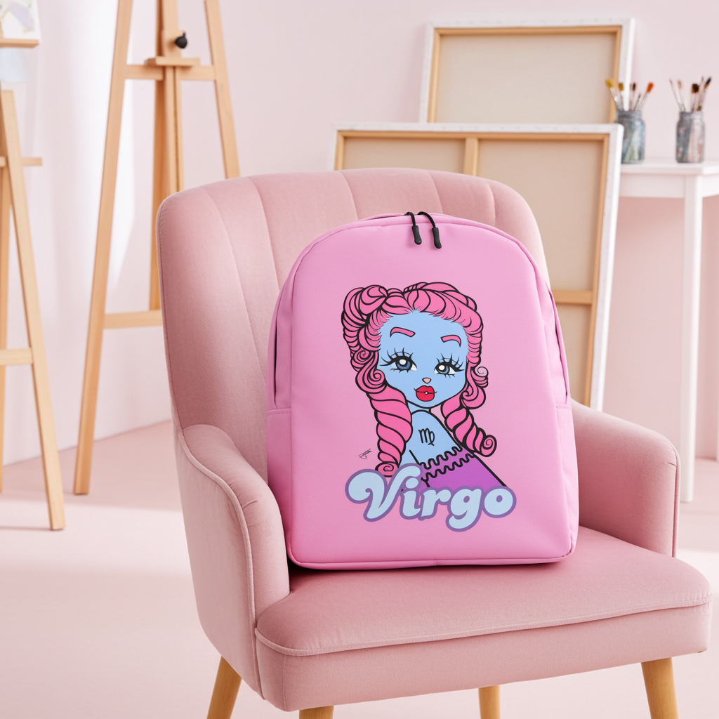 Pink backpack with a Virgo design on a pink chair
