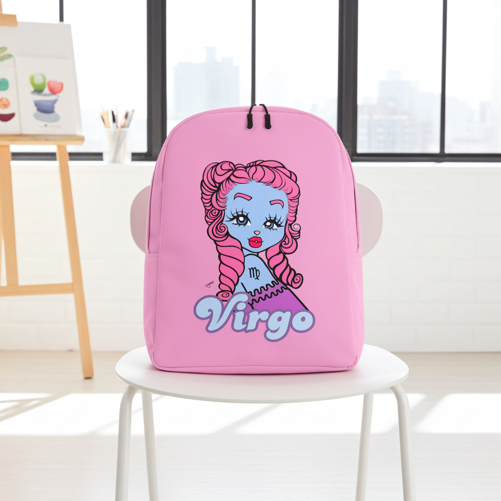 Pink backpack with 'Virgo' design on a white chair in a room.