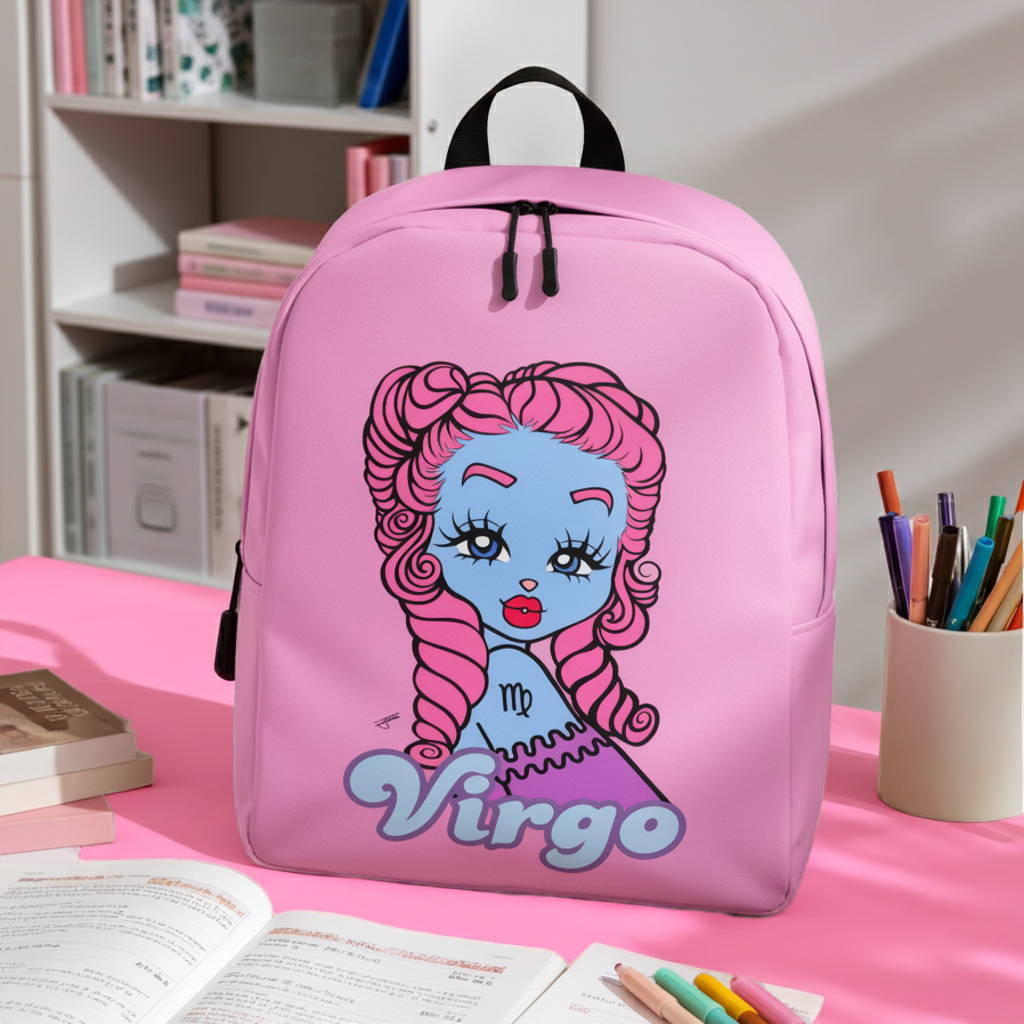 A pink backpack with a cartoon Virgo girl graphic and the word 'Virgo' printed on the front, sitting on a pink desk with books, a cup of pens, and open notebooks in a room setting.