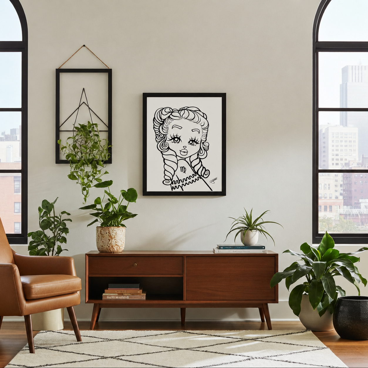 Living room with a wooden sideboard, leather armchair, and framed Virgo artwork on the wall.