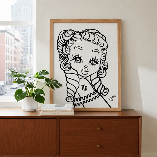 Framed black and white illustration of a Virgo character on a wooden dresser with a plant and books.