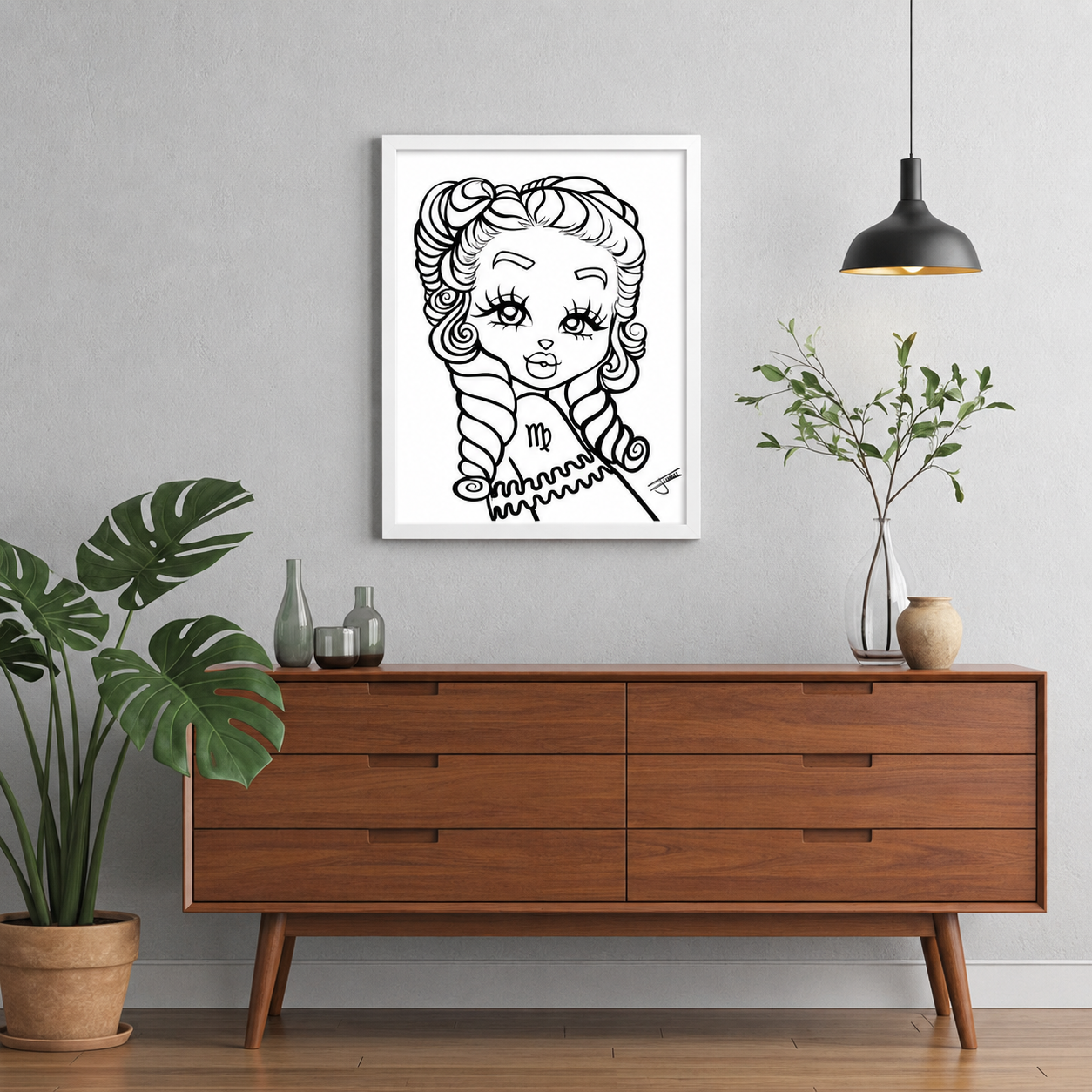 Wooden dresser with a framed black and white Virgo illustration above it, on a gray wall.