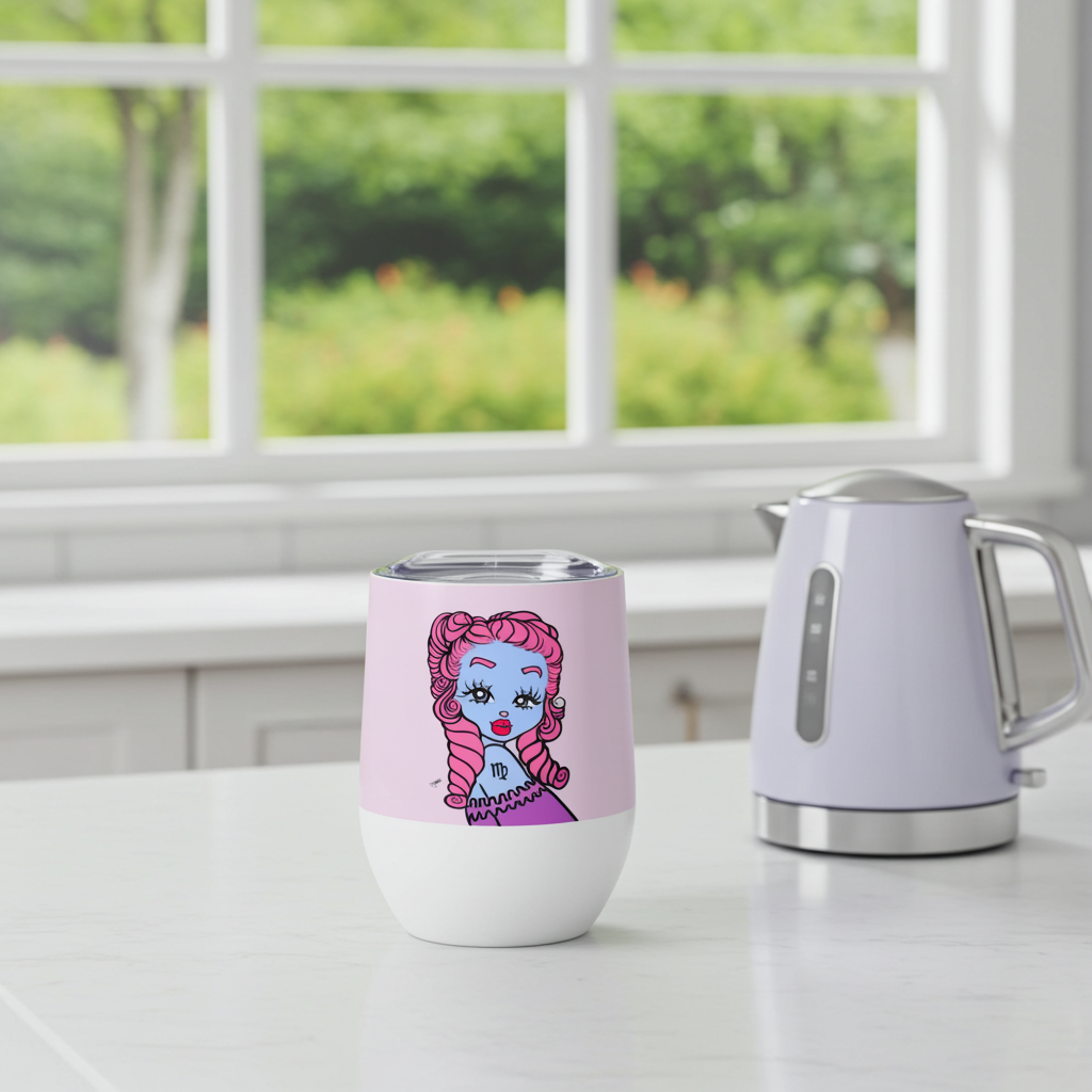 Pink tumbler with a  Virgo character next to a purple kettle on a white surface with a window in the background.