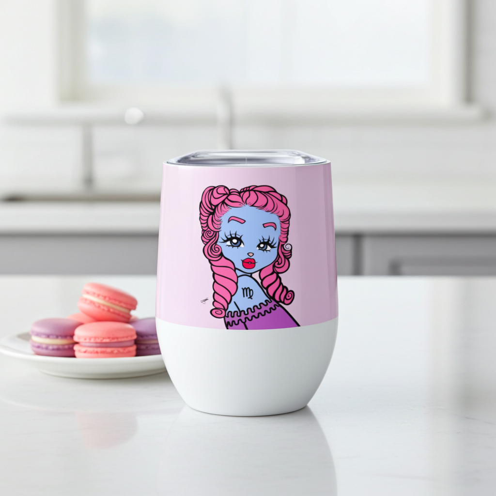 White tumbler with a pink lid featuring a Virgo character on a white surface with macarons in the background.
