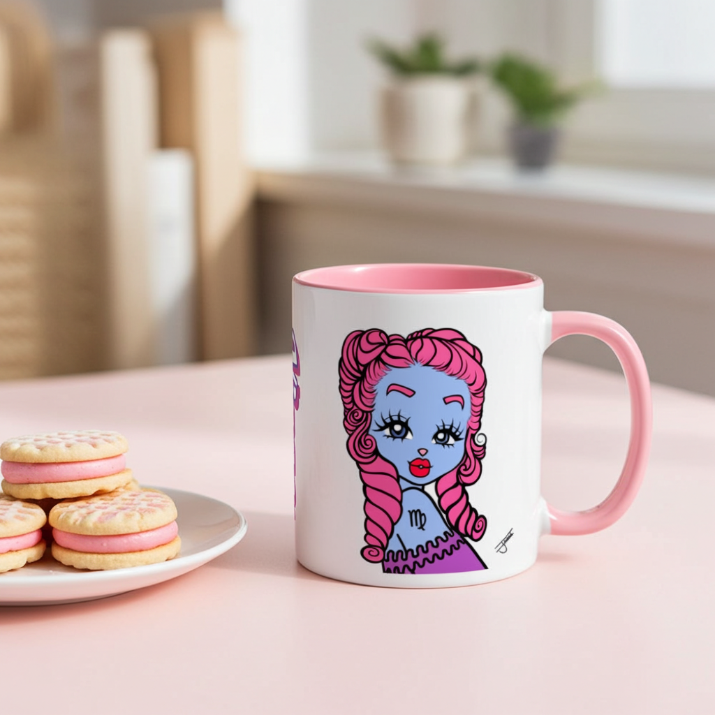 Mug with a colorful Virgo character design on a table with cookies