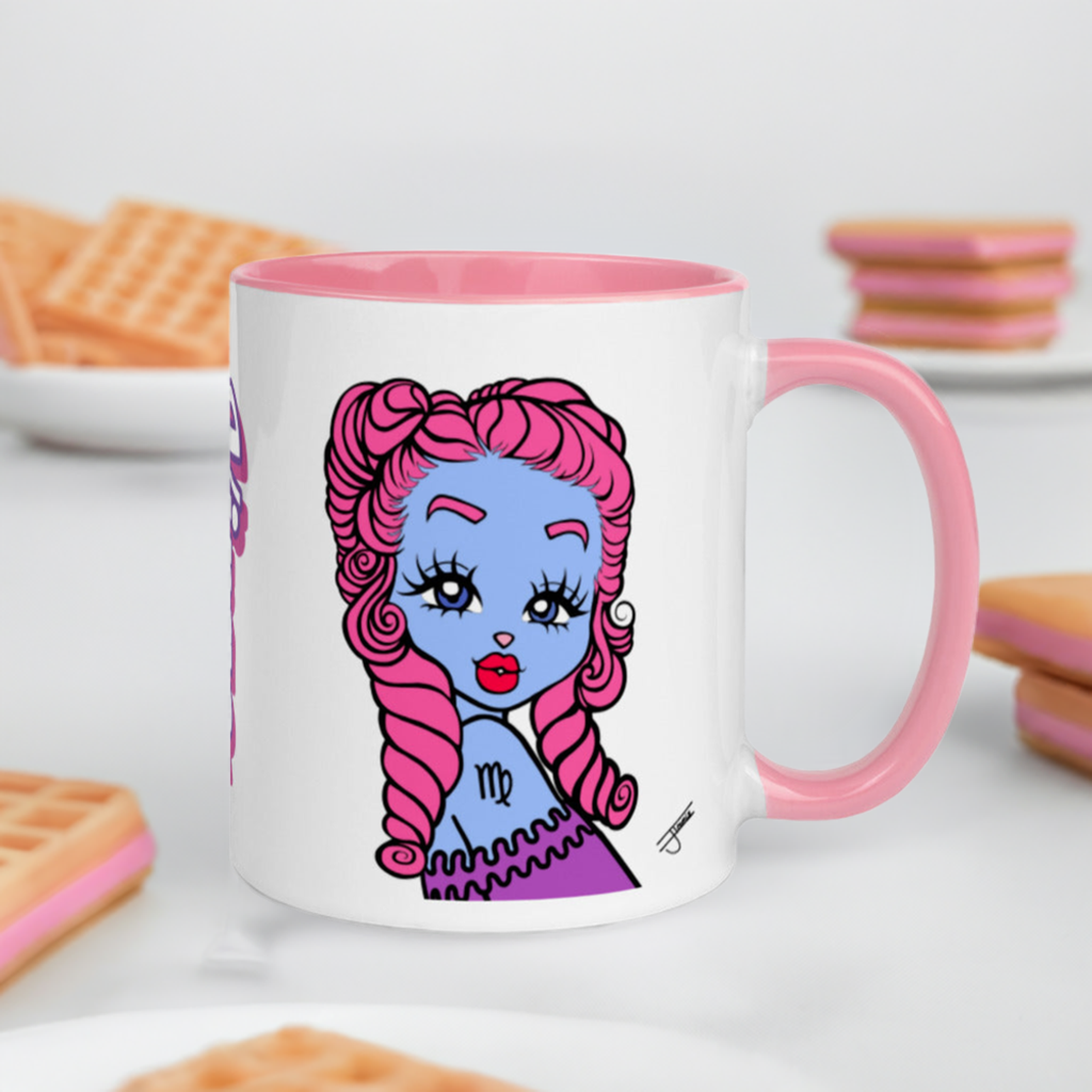A pink ceramic mug with a white print area featuring a Virgo character with blue and pink details, resembling a cartoon or anime style character. The mug is presented with a stack of waffles in the background, and a plate with a cookie and a slice of cake to the side.