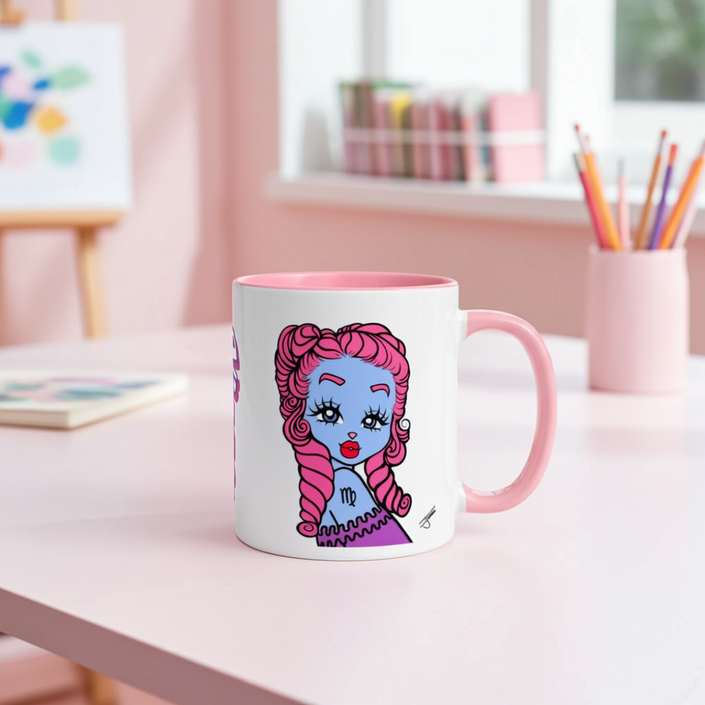 Mug with a colorful character design on a desk in a classroom setting