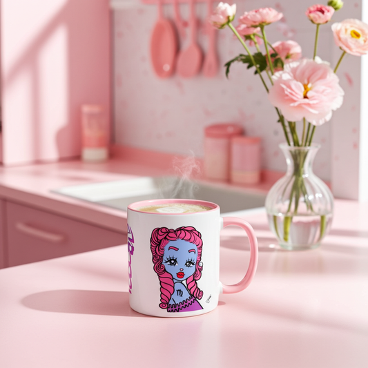 Mug with a character design on a pink surface with flowers in the background