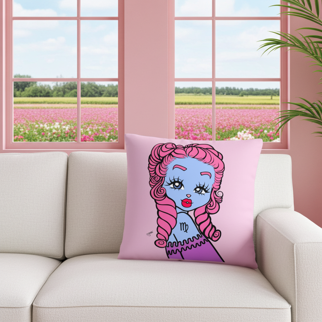 Decorative pillow with a cartoon character on a beige sofa in a room with pink walls and a window view of a field.