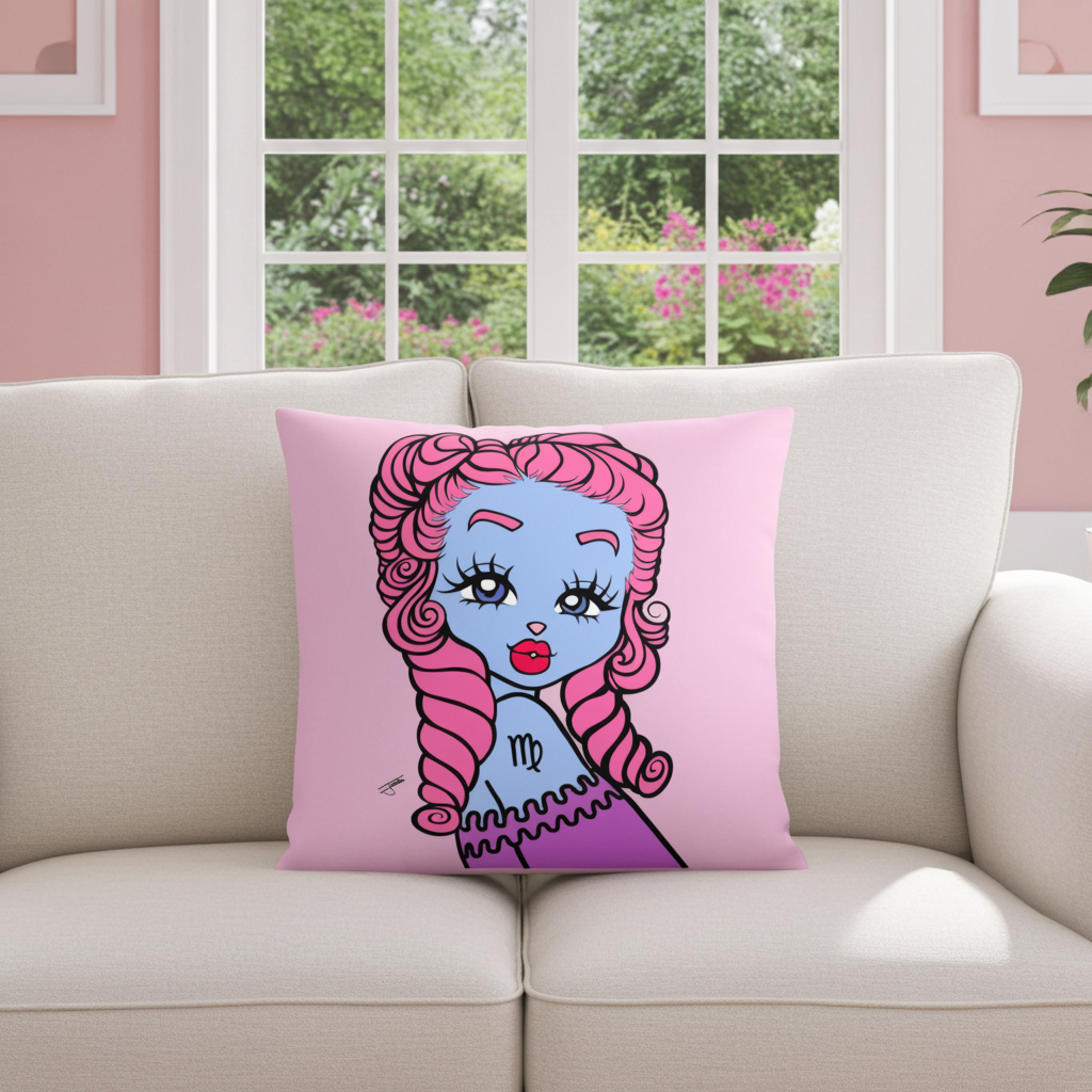Decorative pillow with a cartoon character on a couch in a room with pink walls and a window.