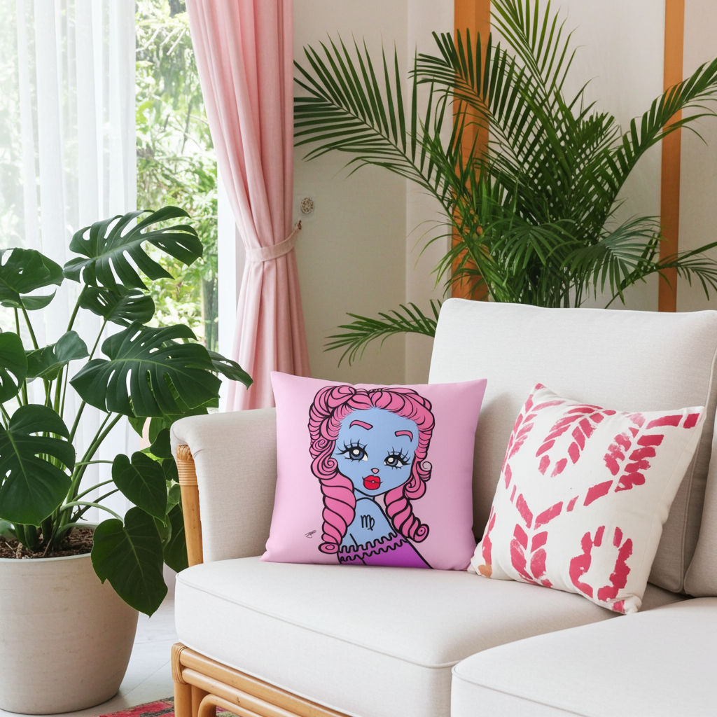 Decorative Miss Virgo pillow on a white sofa with plants and pink curtains in the background