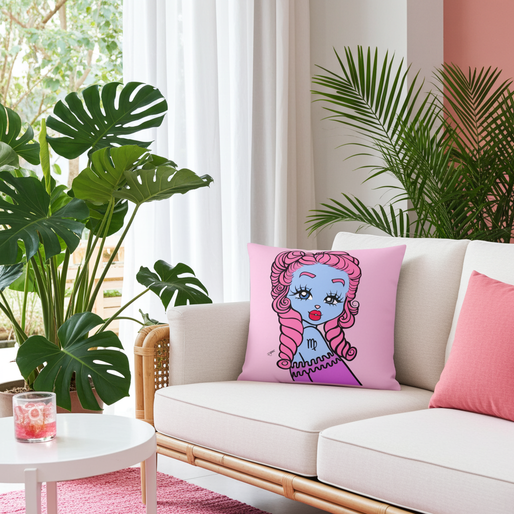 Decorative pillow with a Virgo design on a white sofa in a bright living room.