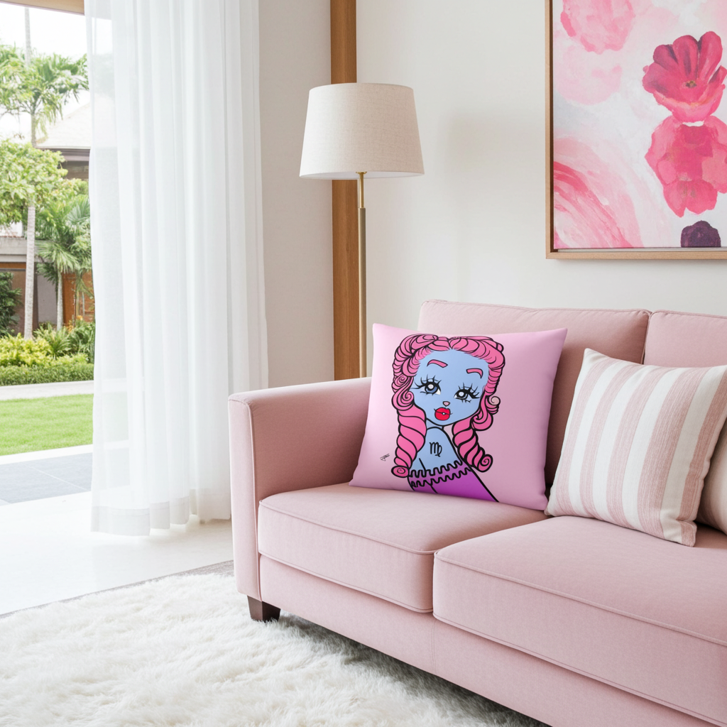 Pink couch with a decorative Virgo pillow in a living room.
