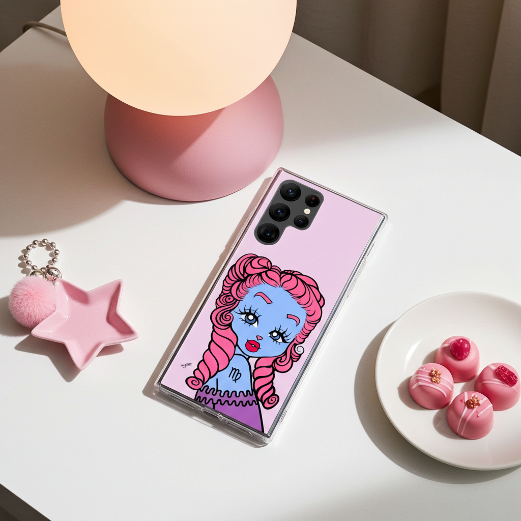 Phone case with a Virgo character design on a table with a lamp and small items.
