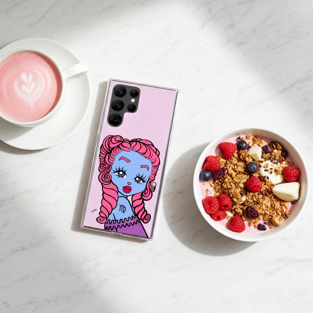 Phone case with a Virgo design on a table with a bowl of cereal and a cup of coffee.