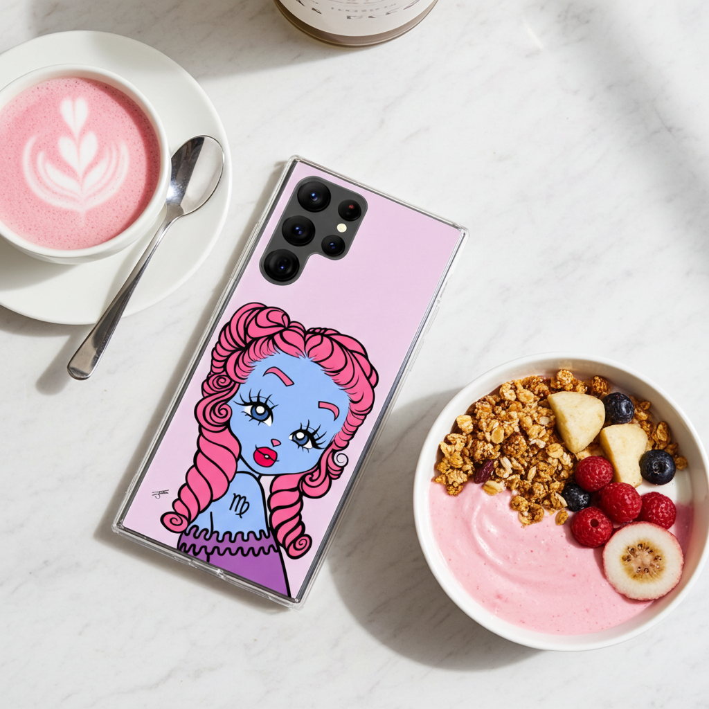 Phone case with a Virgo design of a girl with pink hair on a table with a bowl of yogurt and granola.