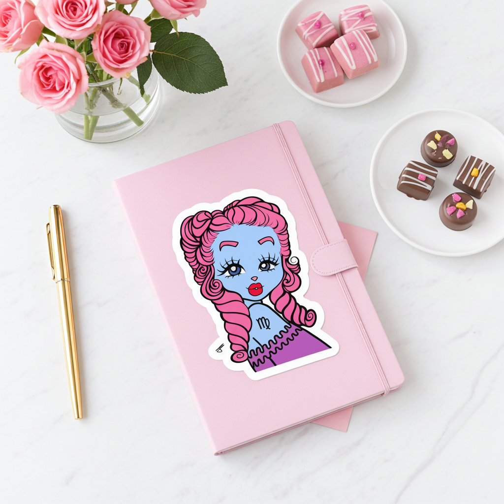 Pink notebook with a sticker of a Virgo character, surrounded by pink roses and pastries on a white surface.
