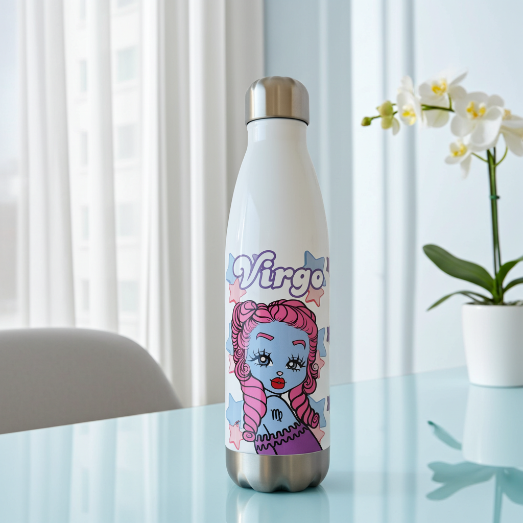 White water bottle with 'Virgo' design on a glass table with a blurred background